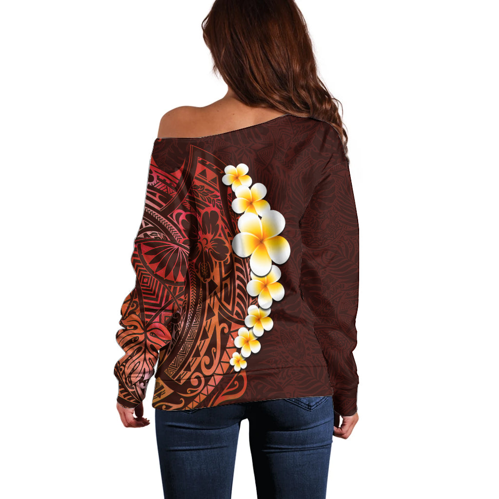 Red Tropical Plumeria With Galaxy Polynesian Art Off Shoulder Sweater LT14 - Polynesian Pride