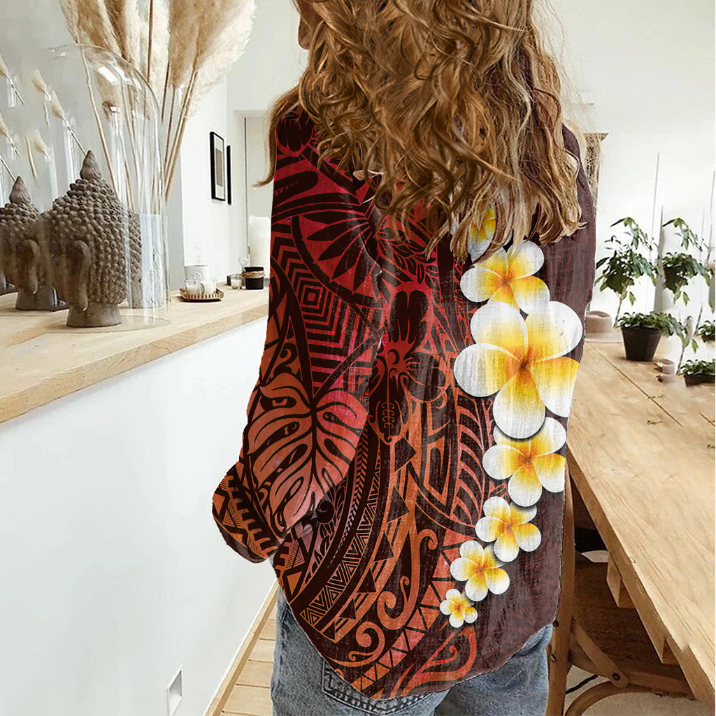 Red Tropical Plumeria With Galaxy Polynesian Art Women Casual Shirt LT14 - Polynesian Pride