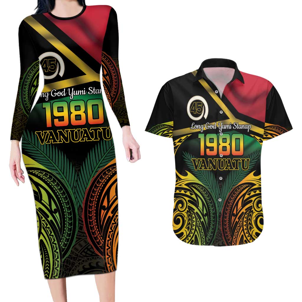 Vanuatu 1980 Couples Matching Long Sleeve Bodycon Dress and Hawaiian Shirt Hapi 45 Yia Indipendens Anivesari LT14 Black - Polynesian Pride