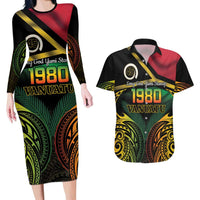 Vanuatu 1980 Couples Matching Long Sleeve Bodycon Dress and Hawaiian Shirt Hapi 45 Yia Indipendens Anivesari LT14 Black - Polynesian Pride