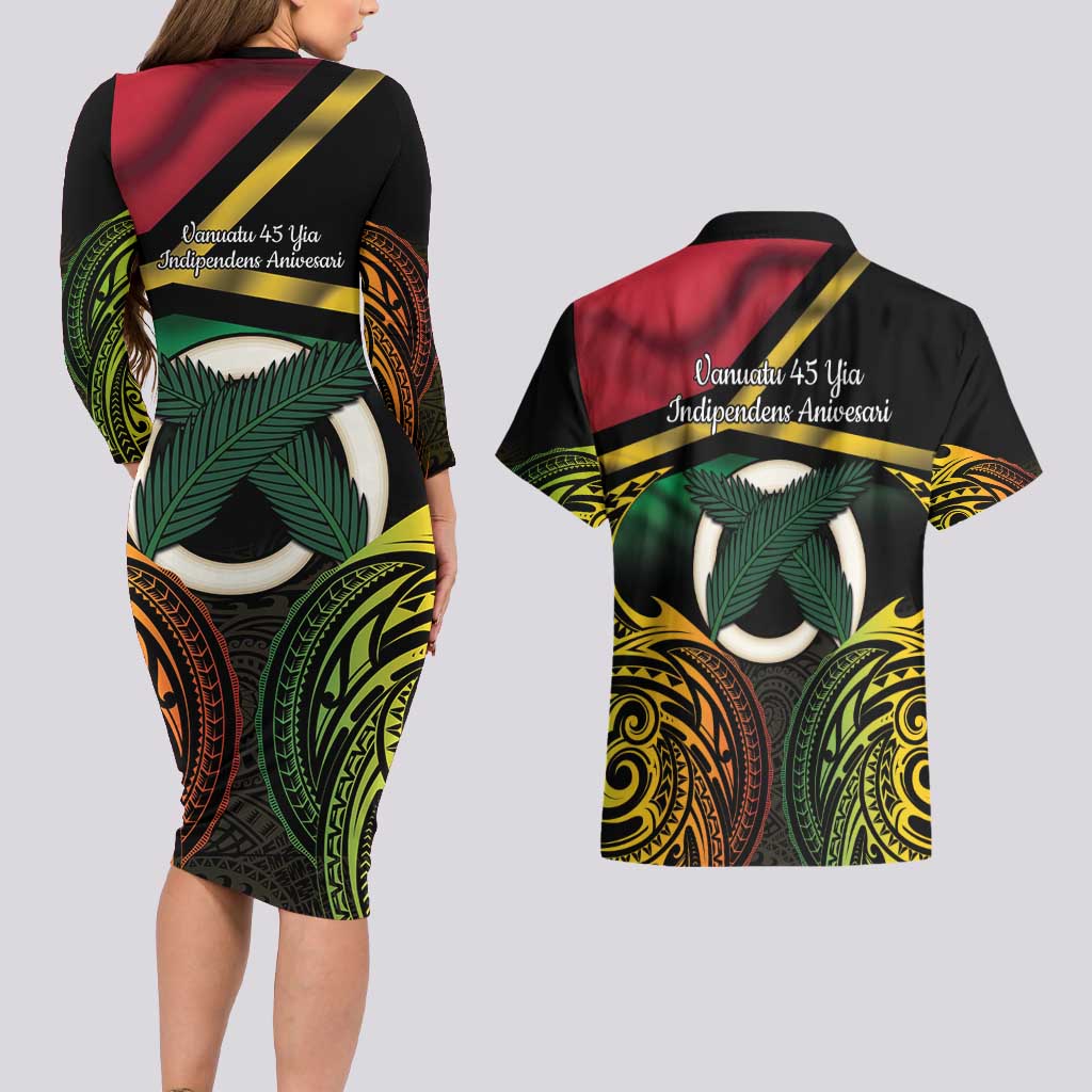 Vanuatu 1980 Couples Matching Long Sleeve Bodycon Dress and Hawaiian Shirt Hapi 45 Yia Indipendens Anivesari LT14 - Polynesian Pride