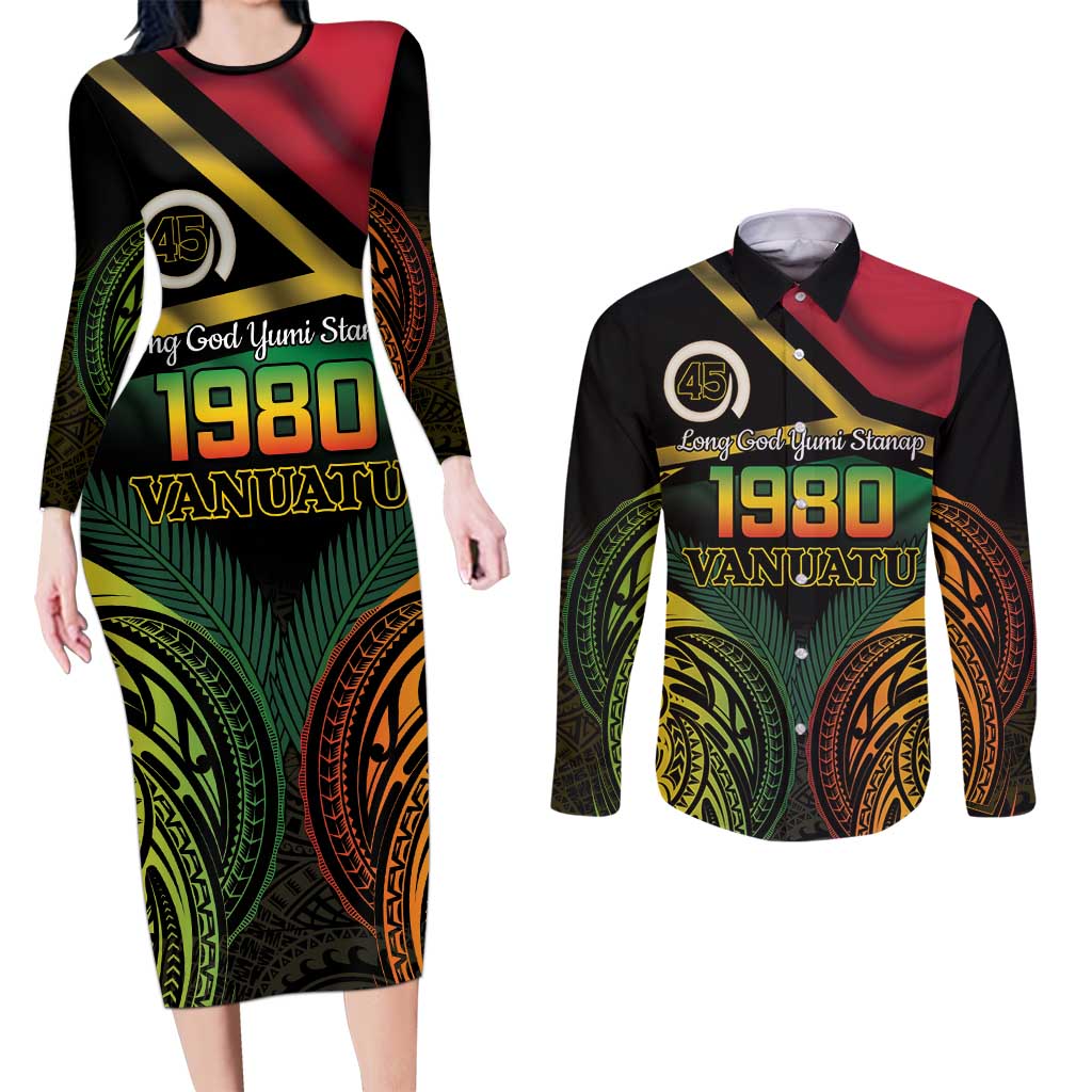Vanuatu 1980 Couples Matching Long Sleeve Bodycon Dress and Long Sleeve Button Shirt Hapi 45 Yia Indipendens Anivesari LT14 Black - Polynesian Pride