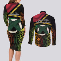 Vanuatu 1980 Couples Matching Long Sleeve Bodycon Dress and Long Sleeve Button Shirt Hapi 45 Yia Indipendens Anivesari LT14 - Polynesian Pride