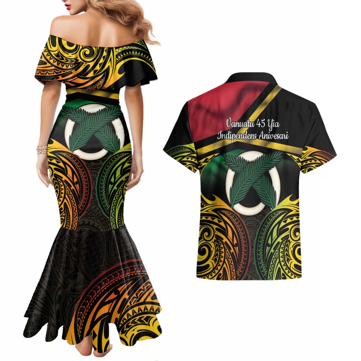 Vanuatu 1980 Couples Matching Mermaid Dress and Hawaiian Shirt Hapi 45 Yia Indipendens Anivesari LT14 - Polynesian Pride
