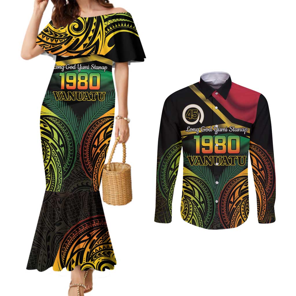 Vanuatu 1980 Couples Matching Mermaid Dress and Long Sleeve Button Shirt Hapi 45 Yia Indipendens Anivesari