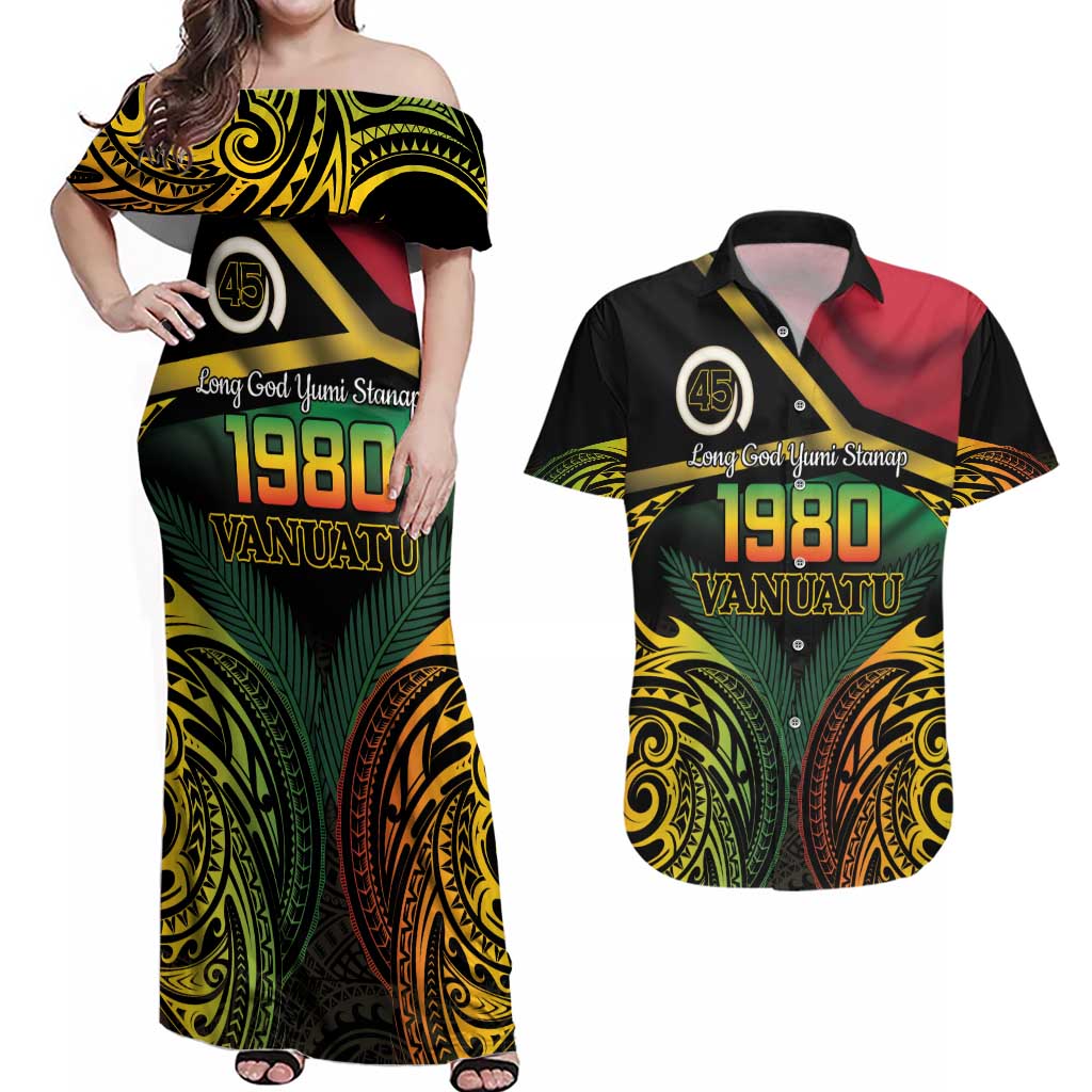 Vanuatu 1980 Couples Matching Off Shoulder Maxi Dress and Hawaiian Shirt Hapi 45 Yia Indipendens Anivesari LT14 Black - Polynesian Pride