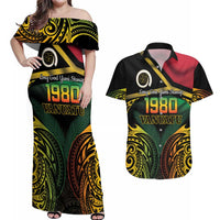 Vanuatu 1980 Couples Matching Off Shoulder Maxi Dress and Hawaiian Shirt Hapi 45 Yia Indipendens Anivesari LT14 Black - Polynesian Pride