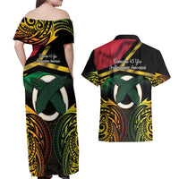 Vanuatu 1980 Couples Matching Off Shoulder Maxi Dress and Hawaiian Shirt Hapi 45 Yia Indipendens Anivesari LT14 - Polynesian Pride