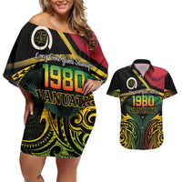 Vanuatu 1980 Couples Matching Off Shoulder Short Dress and Hawaiian Shirt Hapi 45 Yia Indipendens Anivesari LT14 Black - Polynesian Pride