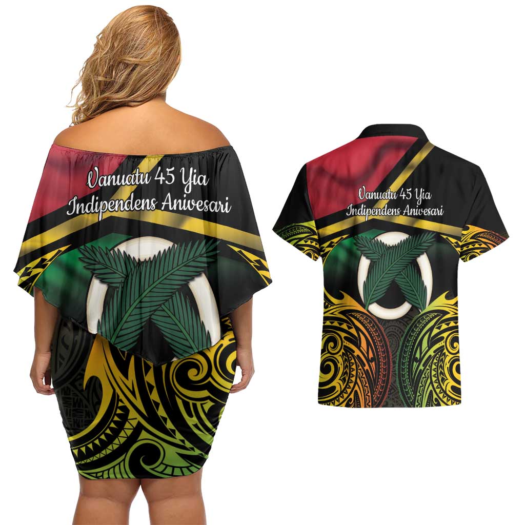 Vanuatu 1980 Couples Matching Off Shoulder Short Dress and Hawaiian Shirt Hapi 45 Yia Indipendens Anivesari LT14 - Polynesian Pride