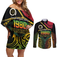Vanuatu 1980 Couples Matching Off Shoulder Short Dress and Long Sleeve Button Shirt Hapi 45 Yia Indipendens Anivesari