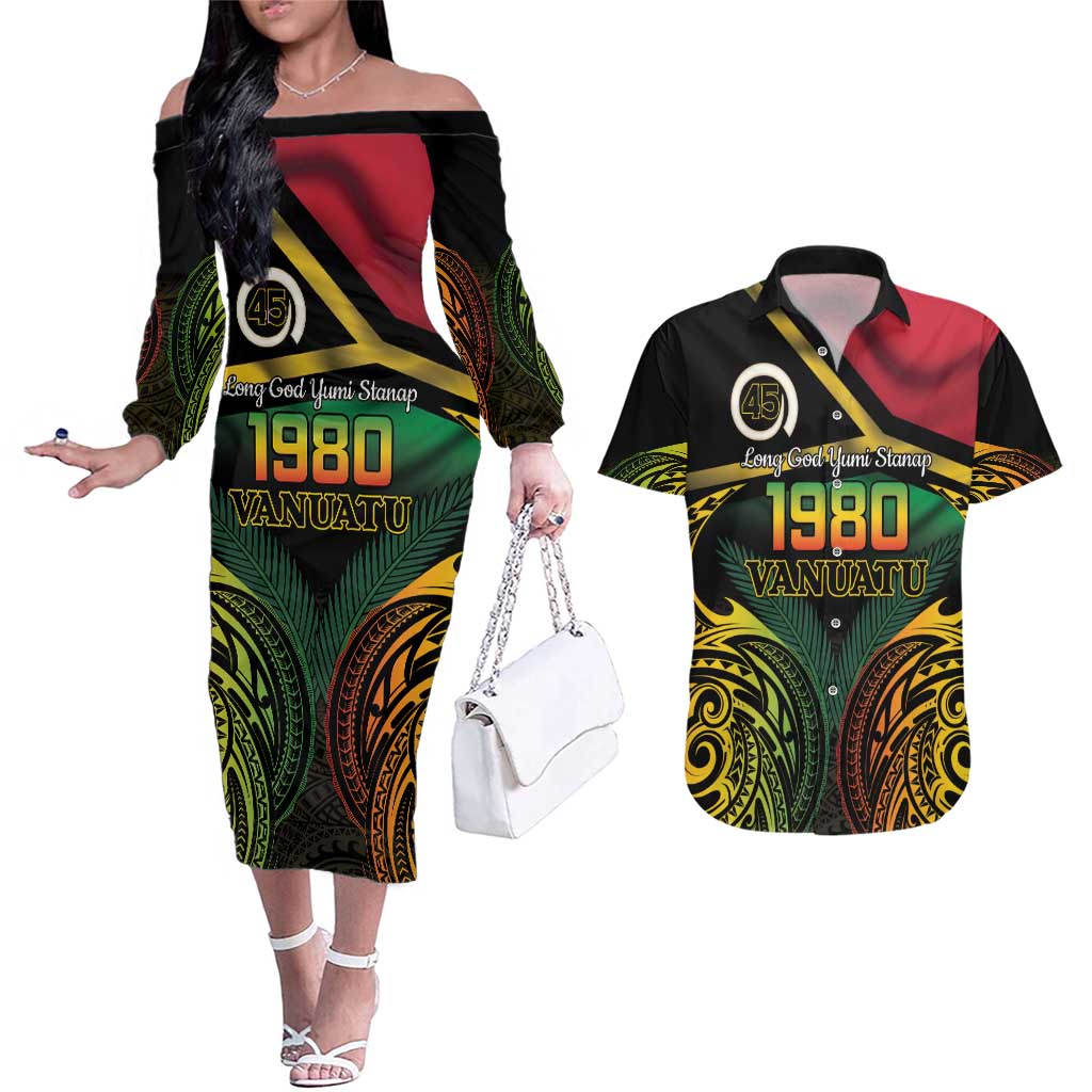 Vanuatu 1980 Couples Matching Off The Shoulder Long Sleeve Dress and Hawaiian Shirt Hapi 45 Yia Indipendens Anivesari LT14 Black - Polynesian Pride