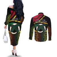 Vanuatu 1980 Couples Matching Off The Shoulder Long Sleeve Dress and Long Sleeve Button Shirt Hapi 45 Yia Indipendens Anivesari LT14 - Polynesian Pride