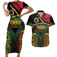 Vanuatu 1980 Couples Matching Short Sleeve Bodycon Dress and Hawaiian Shirt Hapi 45 Yia Indipendens Anivesari LT14 Black - Polynesian Pride