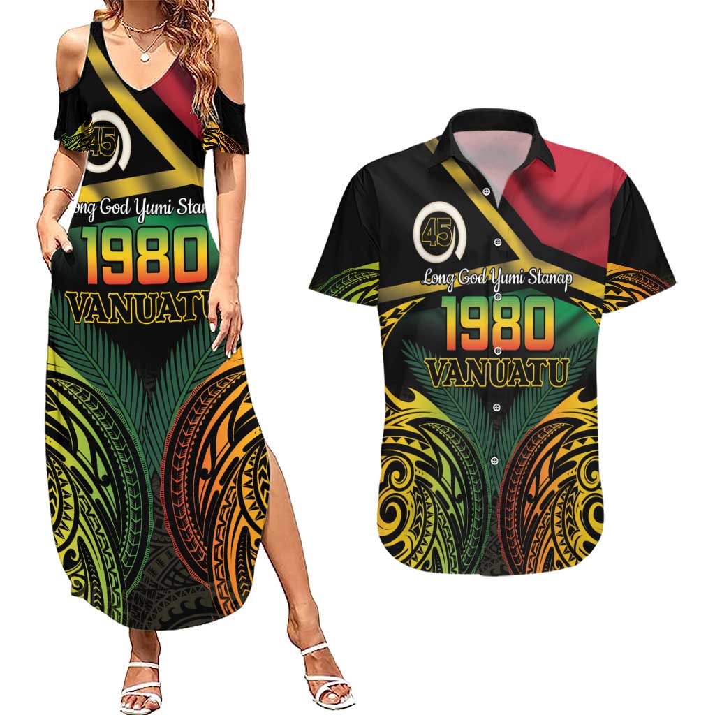 Vanuatu 1980 Couples Matching Summer Maxi Dress and Hawaiian Shirt Hapi 45 Yia Indipendens Anivesari LT14 Black - Polynesian Pride