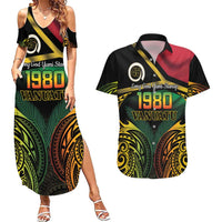 Vanuatu 1980 Couples Matching Summer Maxi Dress and Hawaiian Shirt Hapi 45 Yia Indipendens Anivesari LT14 Black - Polynesian Pride