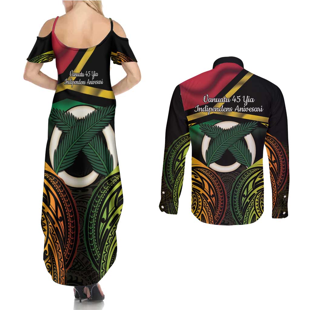 Vanuatu 1980 Couples Matching Summer Maxi Dress and Long Sleeve Button Shirt Hapi 45 Yia Indipendens Anivesari