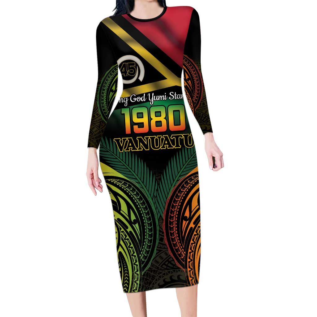 Vanuatu 1980 Family Matching Long Sleeve Bodycon Dress and Hawaiian Shirt Hapi 45 Yia Indipendens Anivesari LT14 Mom's Dress Black - Polynesian Pride