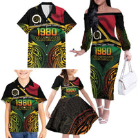 Vanuatu 1980 Family Matching Off The Shoulder Long Sleeve Dress and Hawaiian Shirt Hapi 45 Yia Indipendens Anivesari LT14 - Polynesian Pride