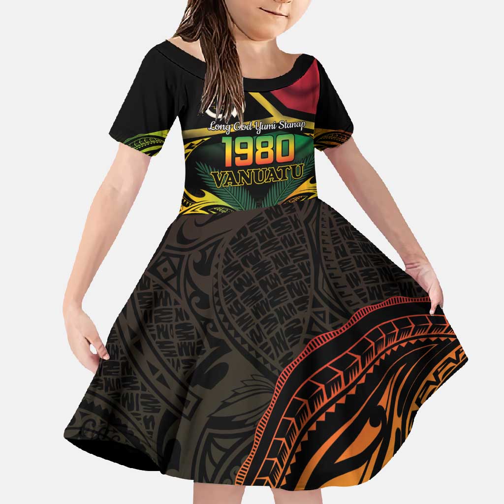 Vanuatu 1980 Family Matching Off Shoulder Maxi Dress and Hawaiian Shirt Hapi 45 Yia Indipendens Anivesari LT14 Daughter's Dress Black - Polynesian Pride