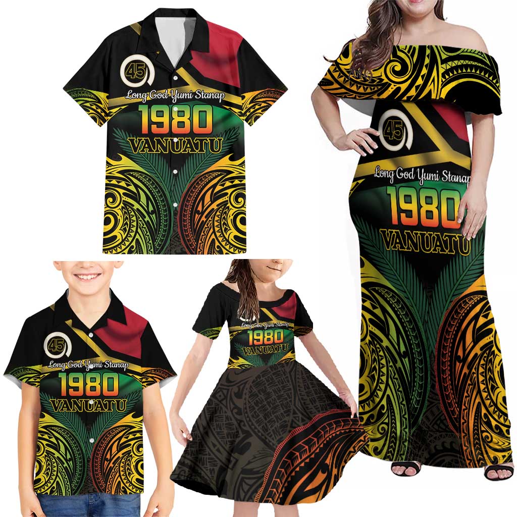 Vanuatu 1980 Family Matching Off Shoulder Maxi Dress and Hawaiian Shirt Hapi 45 Yia Indipendens Anivesari LT14 - Polynesian Pride