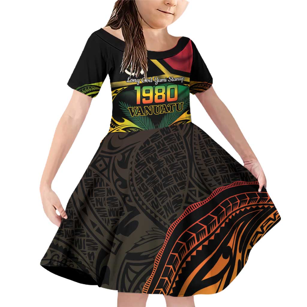 Vanuatu 1980 Family Matching Off Shoulder Short Dress and Hawaiian Shirt Hapi 45 Yia Indipendens Anivesari LT14 Daughter's Dress Black - Polynesian Pride