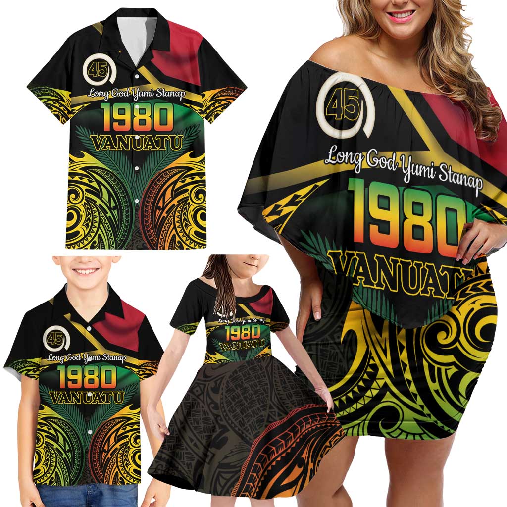 Vanuatu 1980 Family Matching Off Shoulder Short Dress and Hawaiian Shirt Hapi 45 Yia Indipendens Anivesari LT14 - Polynesian Pride