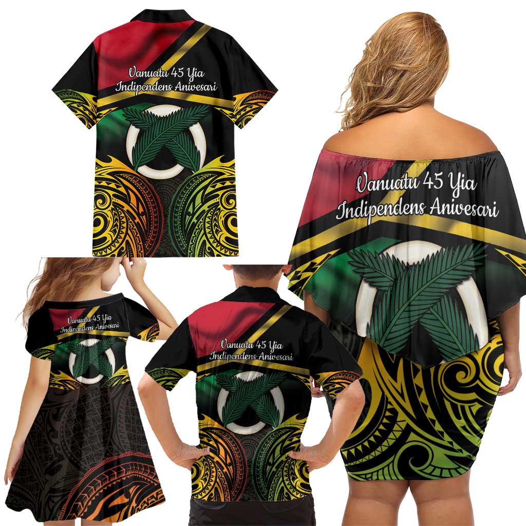 Vanuatu 1980 Family Matching Off Shoulder Short Dress and Hawaiian Shirt Hapi 45 Yia Indipendens Anivesari LT14 - Polynesian Pride