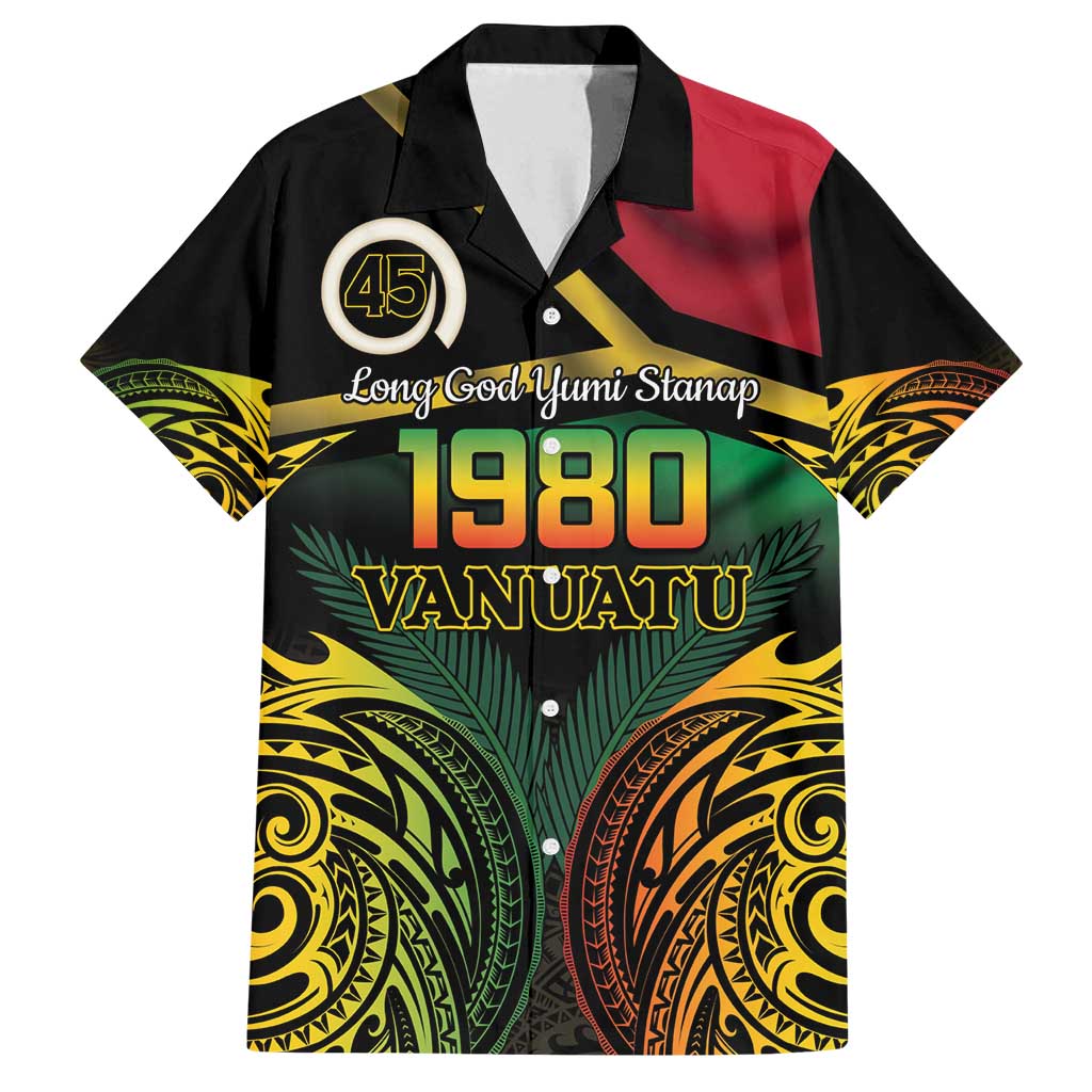 Vanuatu 1980 Family Matching Puletasi and Hawaiian Shirt Hapi 45 Yia Indipendens Anivesari LT14 Dad's Shirt - Short Sleeve Black - Polynesian Pride