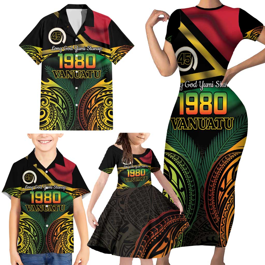 Vanuatu 1980 Family Matching Short Sleeve Bodycon Dress and Hawaiian Shirt Hapi 45 Yia Indipendens Anivesari LT14 - Polynesian Pride