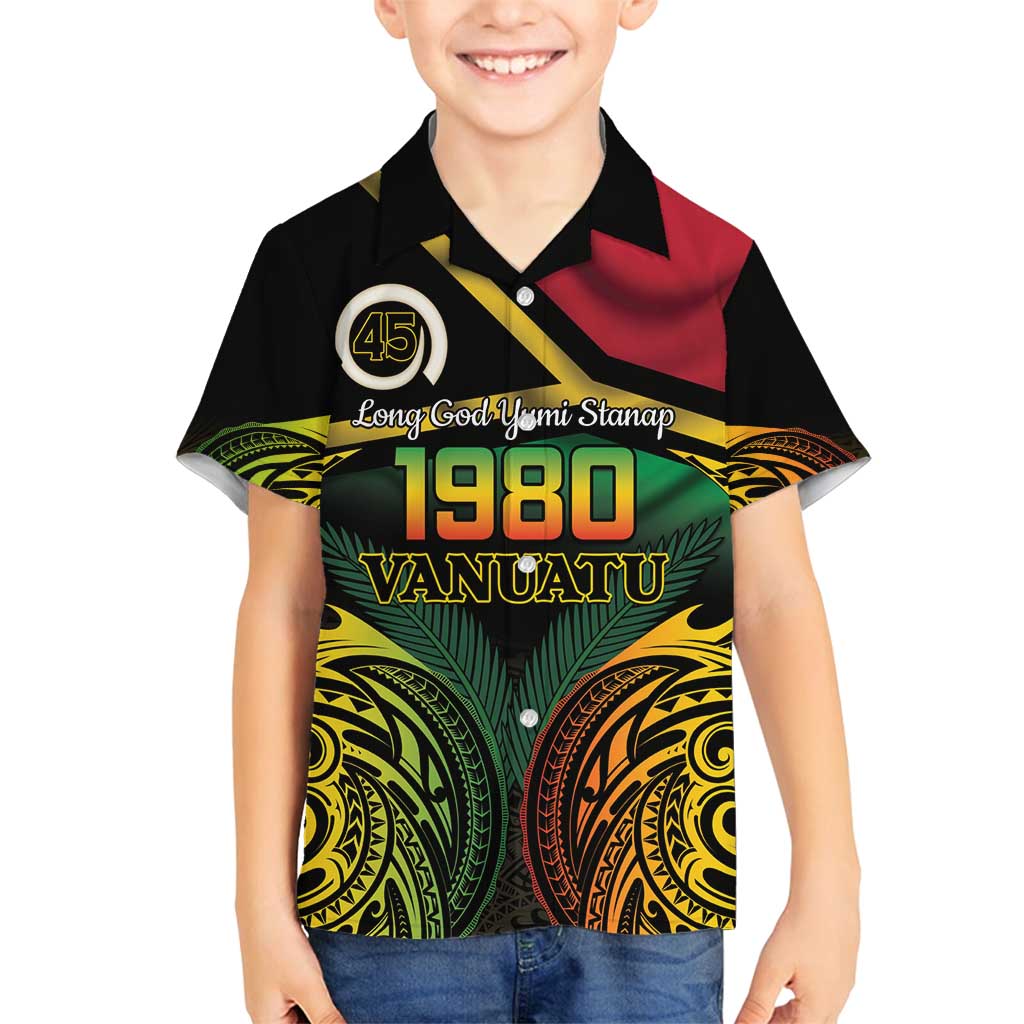Vanuatu 1980 Family Matching Summer Maxi Dress and Hawaiian Shirt Hapi 45 Yia Indipendens Anivesari LT14 Son's Shirt Black - Polynesian Pride