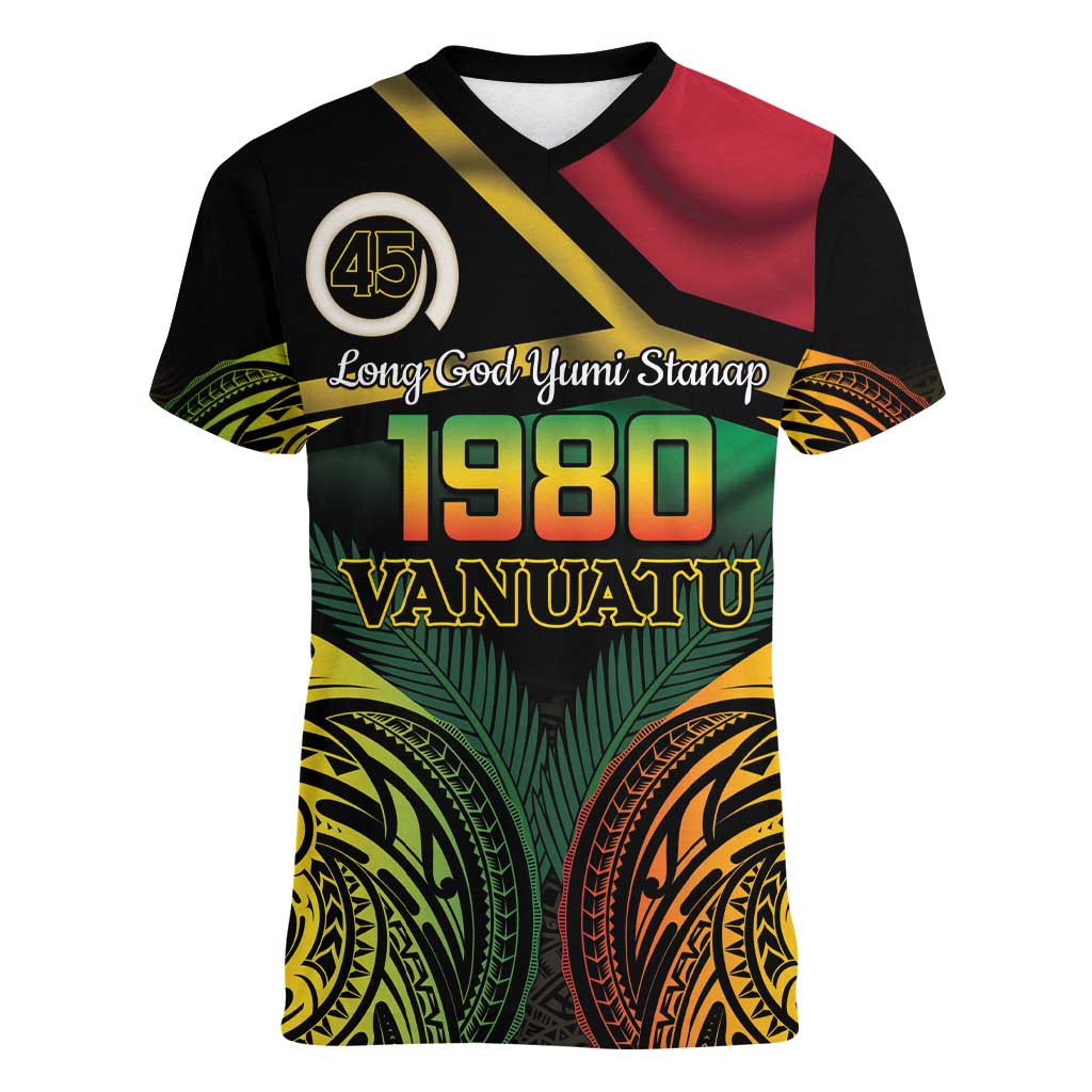 Vanuatu 1980 Women V-Neck T-Shirt Hapi 45 Yia Indipendens Anivesari LT14 Female Black - Polynesian Pride