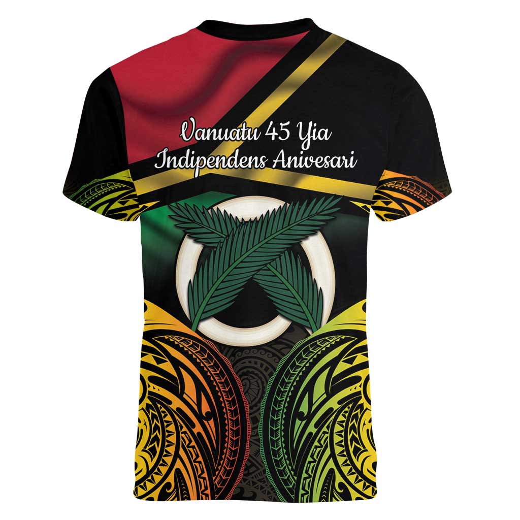 Vanuatu 1980 Women V-Neck T-Shirt Hapi 45 Yia Indipendens Anivesari LT14 - Polynesian Pride