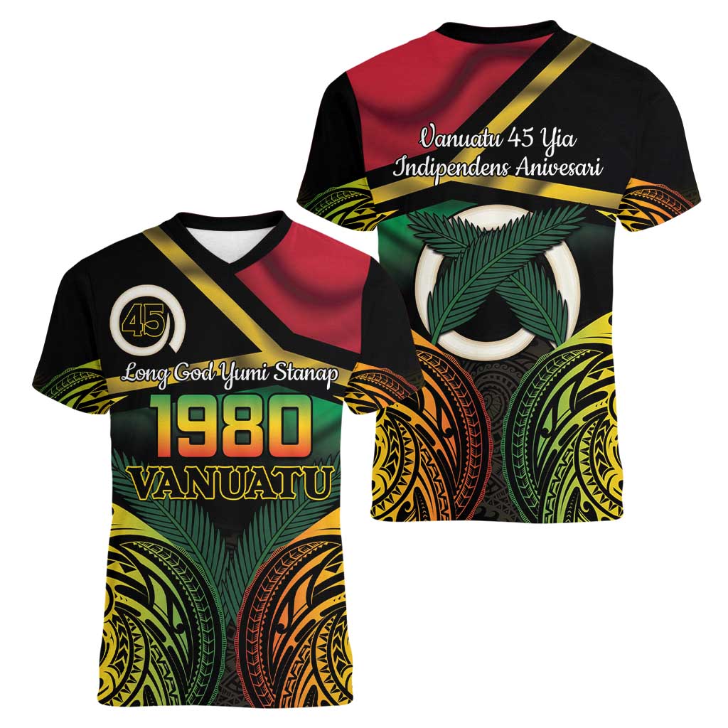 Vanuatu 1980 Women V-Neck T-Shirt Hapi 45 Yia Indipendens Anivesari LT14 - Polynesian Pride