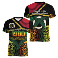 Vanuatu 1980 Women V-Neck T-Shirt Hapi 45 Yia Indipendens Anivesari LT14 - Polynesian Pride