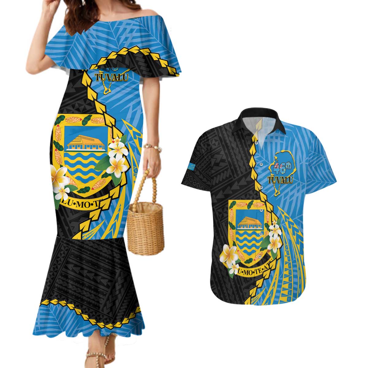 Tuvalu Independence Day Couples Matching Mermaid Dress and Hawaiian Shirt Manuia te tutokotasi o Tuvaluan Dolphin Tattoo LT14 Blue - Polynesian Pride