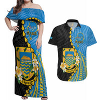 Tuvalu Independence Day Couples Matching Off Shoulder Maxi Dress and Hawaiian Shirt Manuia te tutokotasi o Tuvaluan Dolphin Tattoo LT14 Blue - Polynesian Pride