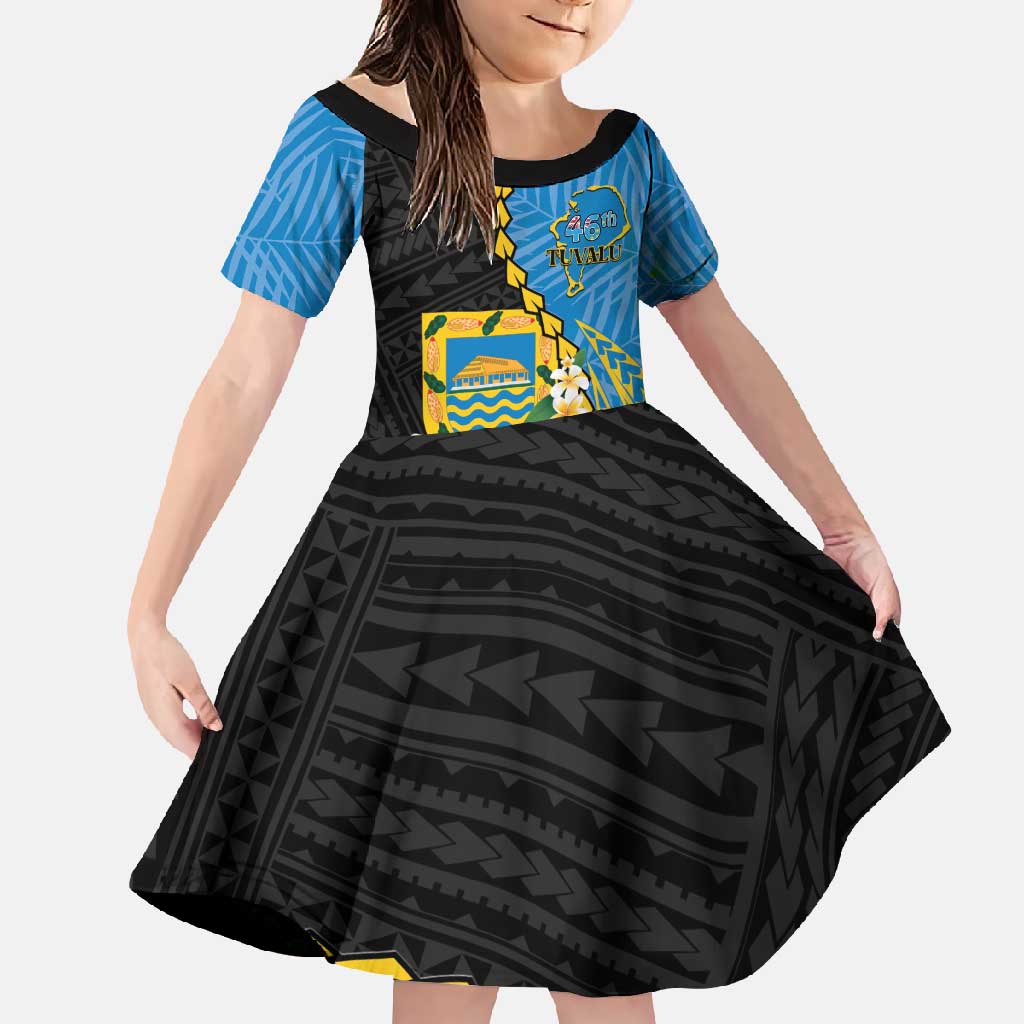 Tuvalu Independence Day Family Matching Off Shoulder Maxi Dress and Hawaiian Shirt Manuia te tutokotasi o Tuvaluan Dolphin Tattoo LT14 Daughter's Dress Blue - Polynesian Pride