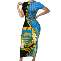 Tuvalu Independence Day Short Sleeve Bodycon Dress Manuia te tutokotasi o Tuvaluan Dolphin Tattoo LT14 Long Dress Blue - Polynesian Pride