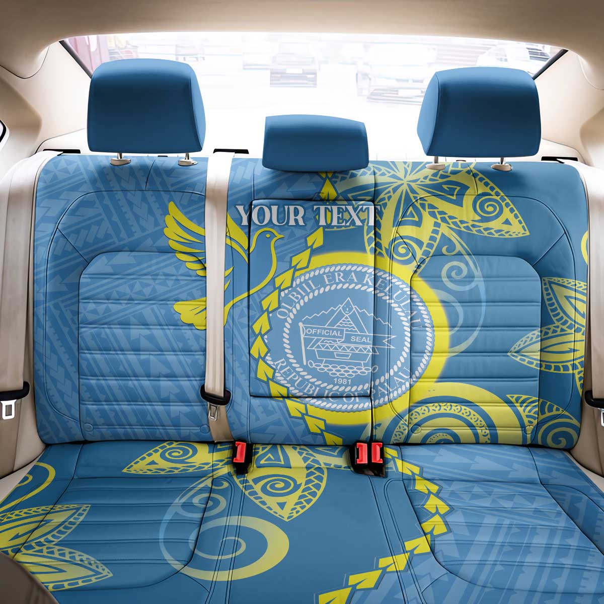 Personalised Palau Independence Day Back Car Seat Cover Belau Coat Of Arms Polynesian Curve Style LT14 - Polynesian Pride