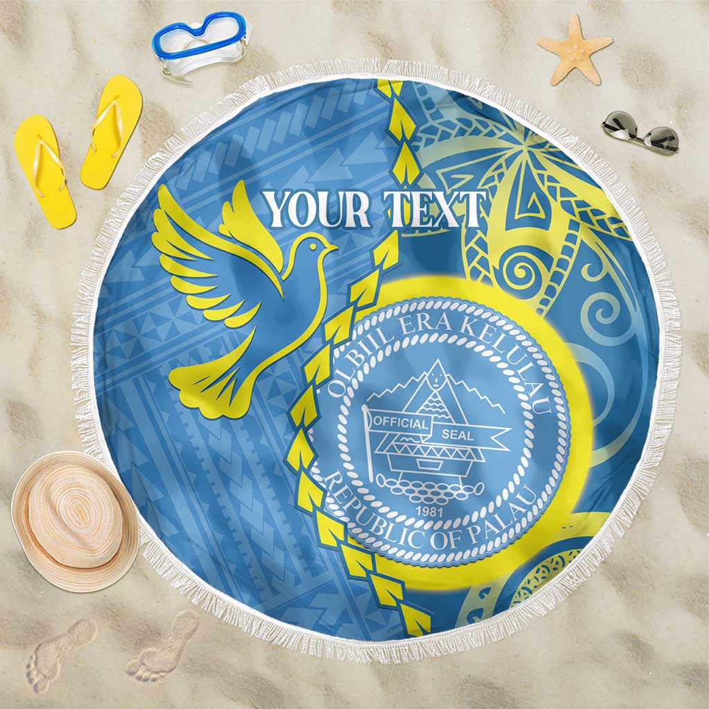 Personalised Palau Independence Day Beach Blanket Belau Coat Of Arms Polynesian Curve Style LT14 One Size 150cm Blue - Polynesian Pride