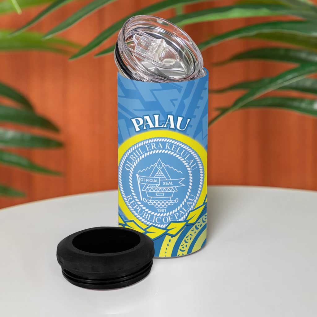 Personalised Palau Independence Day 4 in 1 Can Cooler Tumbler Belau Coat Of Arms Polynesian Curve Style LT14 - Polynesian Pride