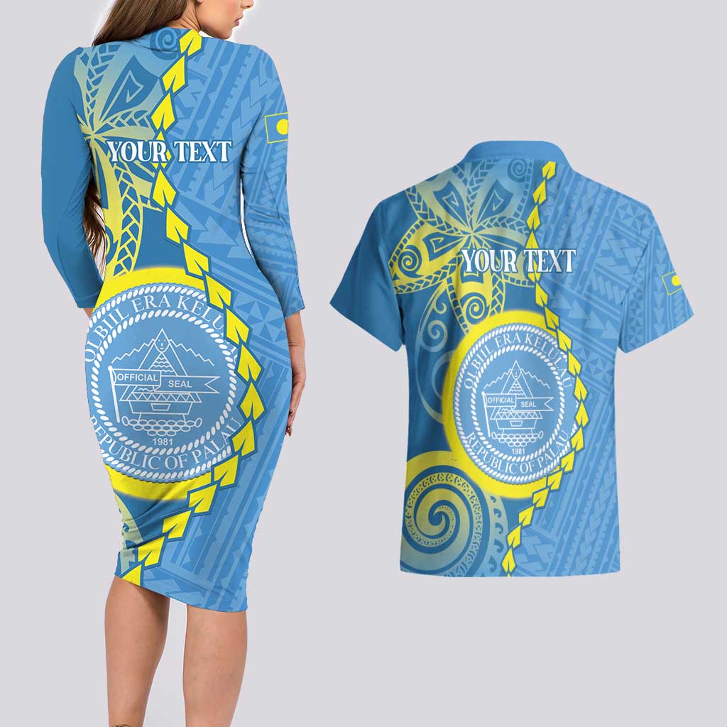 Personalised Palau Independence Day Couples Matching Long Sleeve Bodycon Dress and Hawaiian Shirt Belau Coat Of Arms Polynesian Curve Style LT14 - Polynesian Pride