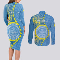 Personalised Palau Independence Day Couples Matching Long Sleeve Bodycon Dress and Long Sleeve Button Shirt Belau Coat Of Arms Polynesian Curve Style LT14 - Polynesian Pride
