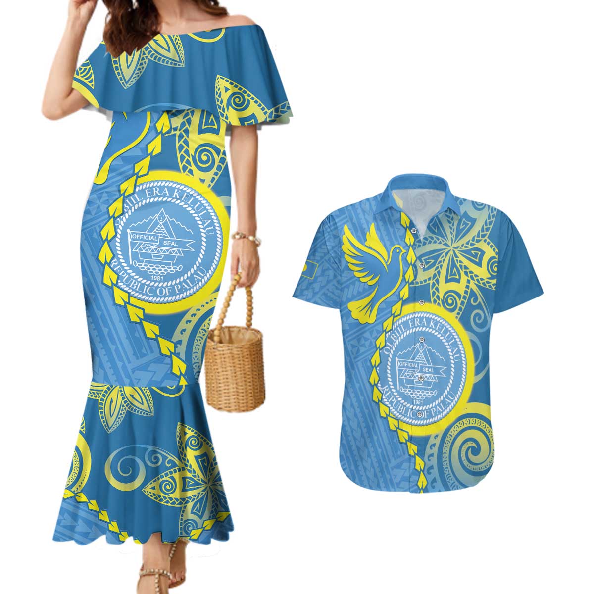 Personalised Palau Independence Day Couples Matching Mermaid Dress and Hawaiian Shirt Belau Coat Of Arms Polynesian Curve Style LT14 Blue - Polynesian Pride
