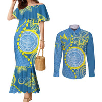 Personalised Palau Independence Day Couples Matching Mermaid Dress and Long Sleeve Button Shirt Belau Coat Of Arms Polynesian Curve Style LT14 Blue - Polynesian Pride