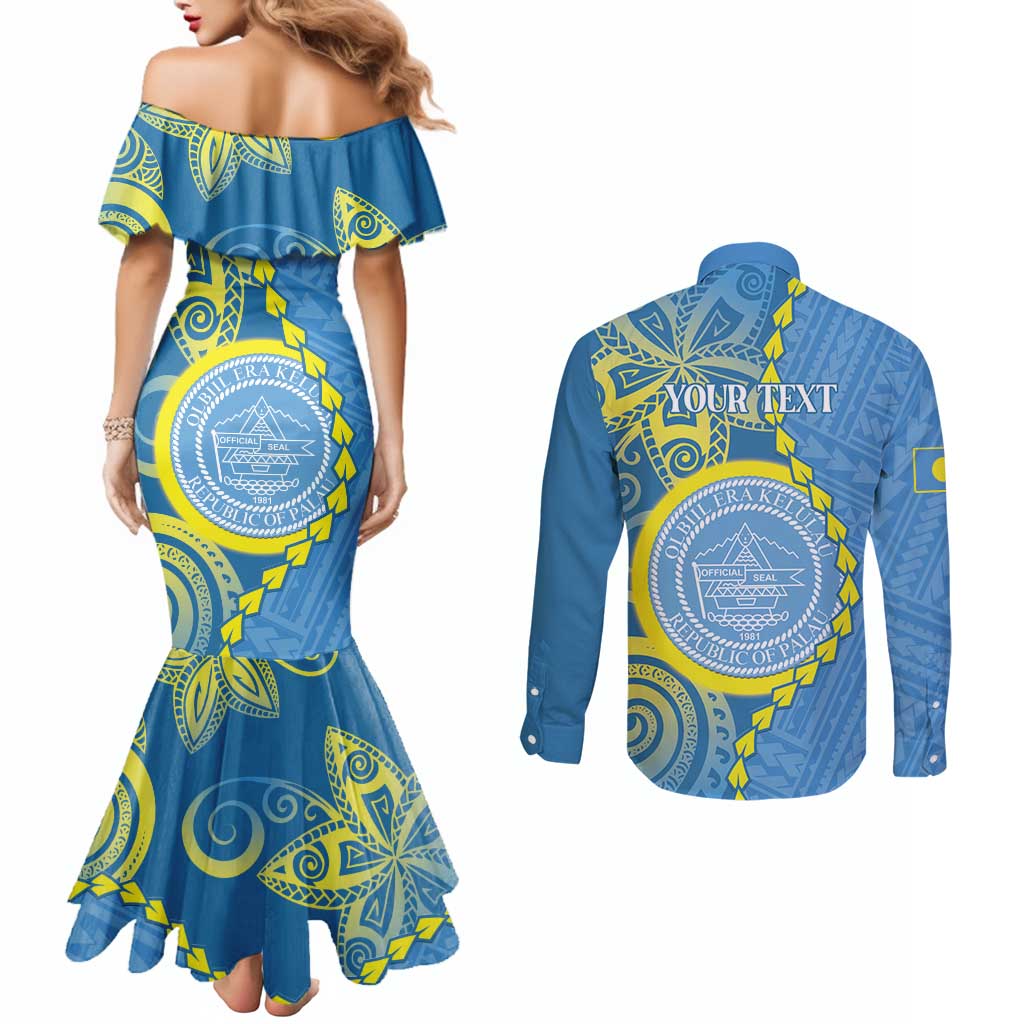 Personalised Palau Independence Day Couples Matching Mermaid Dress and Long Sleeve Button Shirt Belau Coat Of Arms Polynesian Curve Style LT14 - Polynesian Pride