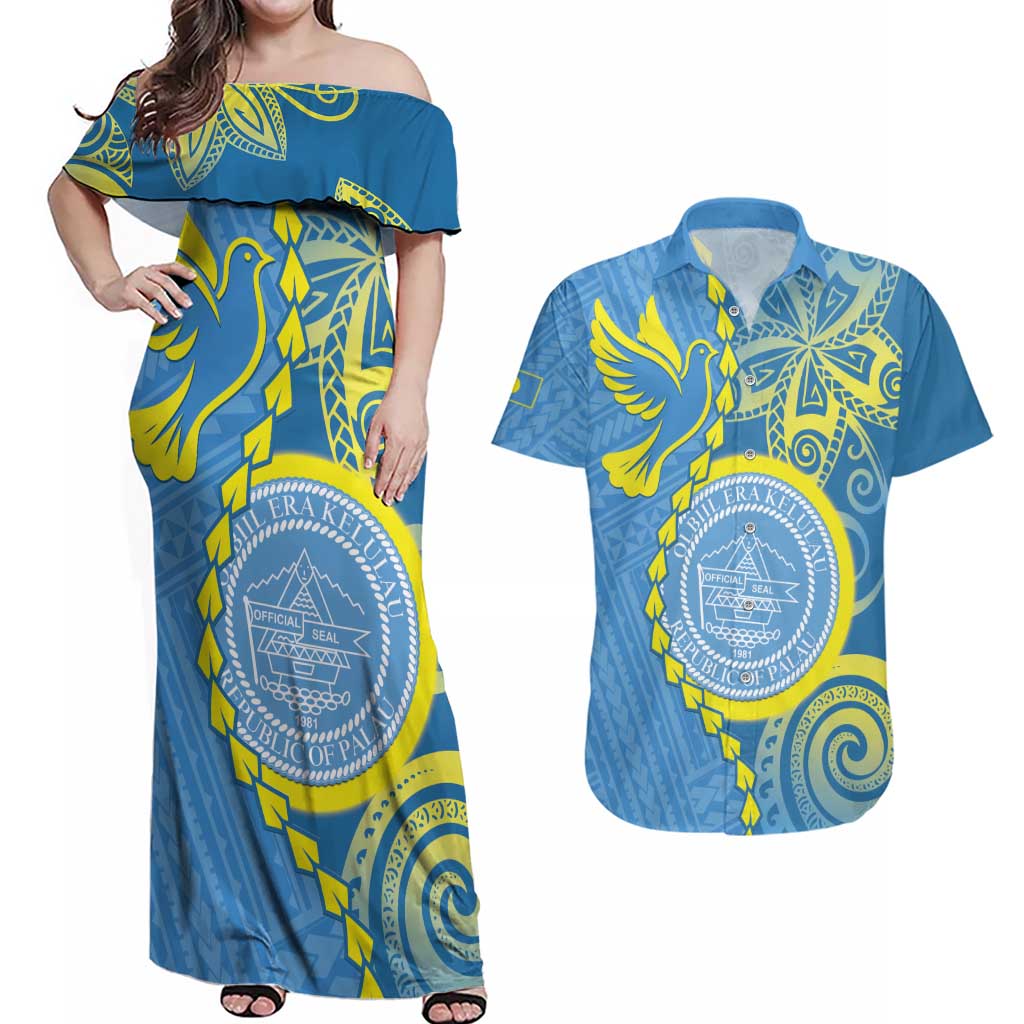 Personalised Palau Independence Day Couples Matching Off Shoulder Maxi Dress and Hawaiian Shirt Belau Coat Of Arms Polynesian Curve Style LT14 Blue - Polynesian Pride