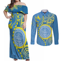 Personalised Palau Independence Day Couples Matching Off Shoulder Maxi Dress and Long Sleeve Button Shirt Belau Coat Of Arms Polynesian Curve Style LT14 Blue - Polynesian Pride