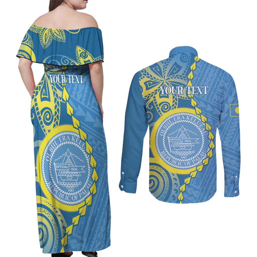 Personalised Palau Independence Day Couples Matching Off Shoulder Maxi Dress and Long Sleeve Button Shirt Belau Coat Of Arms Polynesian Curve Style LT14 - Polynesian Pride